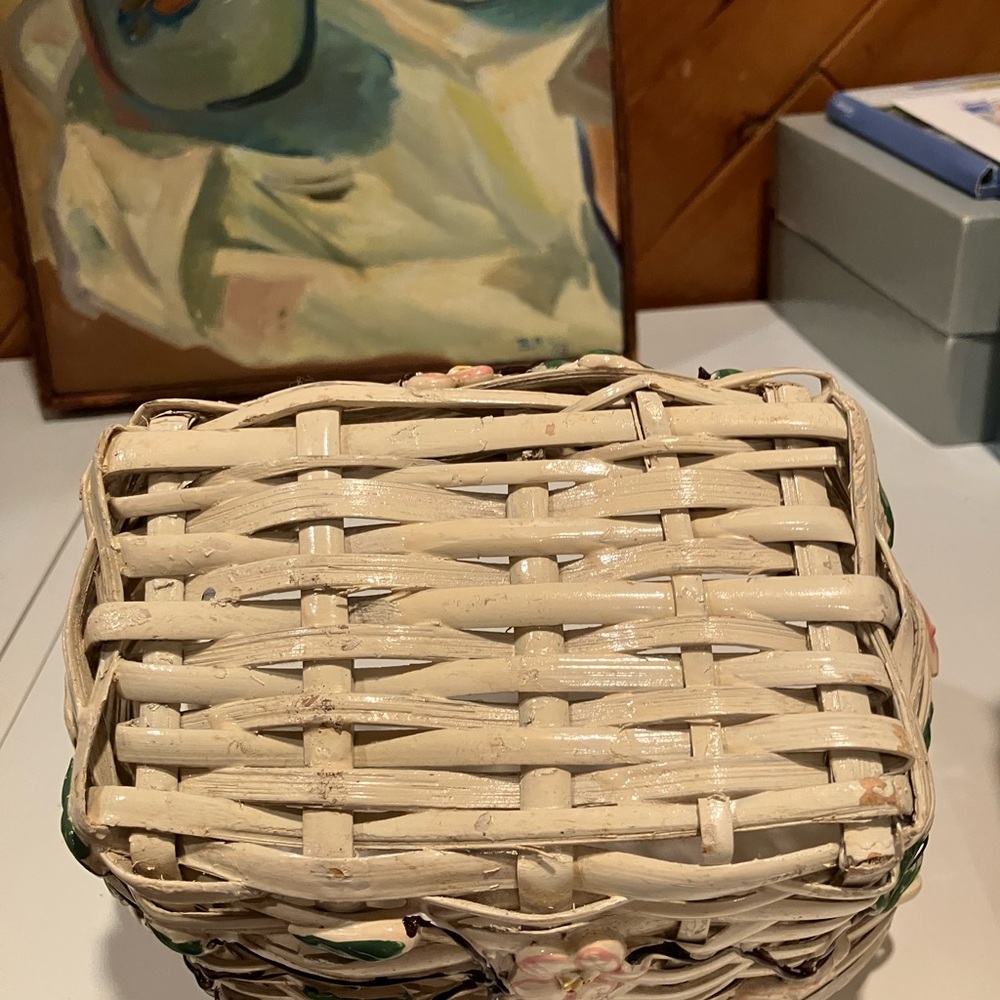Floral Woven Basket with Handles hand painted - Picture 7 of 12